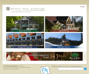 hotelsspascountryside.com: Hotels Spas with health center and adventure packages for vacation or stays in Quebec
For restful vacation or several activities stimulating, make your choice among the Manoir des Erables, Appalaches Lodge Spa, Auberge du Faubourg or Kamoutik Aventure in Quebec Canada