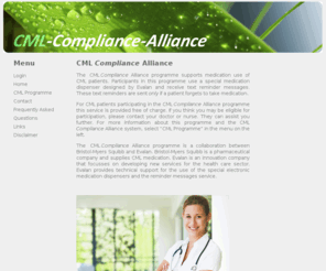 cml-compliance-alliance.com: CML Compliance Alliance
Deze website is ontwikkeld voor patienten met CML. Hier vindt u informatie over het 
    gebruik van het Sensemedic medicijndoosje.