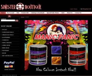 sinister.co.nz: Sinister Boutique Ltd - Welcome To The Dark Side!
New Zealands largest stockists of gothic and alternative wears. Brands such as Manic Panic, Demonia, Pleaser, Scarecrow Fangs, synthetic dreads, halloween accessories, steel boned corsets   more!!