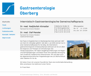 gastro-oberberg.de: Gastroenterologie Oberberg • Dres. Ahmadiar und Mensler
Internistisch-Gastroenterologische Gemeinschaftspraxis in Engelskirchen; 
Dr. med. Nadjibullah Ahmadiar; 
Dr. med. Olaf Mensler;
Tel. 0 22 63 -90 16 44