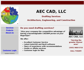 aec-cad.com: AEC CAD, LLC - Drafting Services
Quality and on-time drafting services to architects and engineers, utilizing the latest computer-aided design (CAD) technology, while providing excellent customer service.