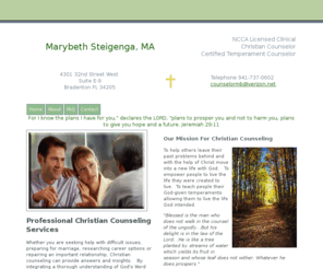 bradenton-christian-counselor.com: Christian Counseling : Christian Counselor :Bradenton Manatee Sarasota Florida
Christian Counselor Marybeth Steigenga, MA provides professional, caring Christian counseling 
services to residents of the Sarasota - Bradenton Manatee area.