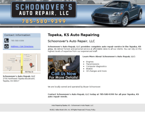 schoonoversautorepairtopekaks.com: Auto Repairing Topeka, KS - Schoonover's Auto Repair, LLC
Schoonover's Auto Repair, LLC provides auto repairing to Topeka, KS. Call 785-580-9399 for more details.