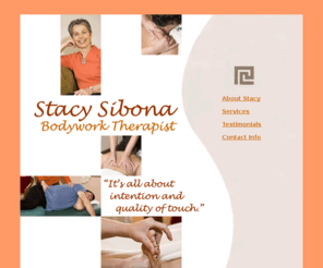 stacysibona.com: Stacy Sibona, Bodywork Therapist
Stacy Sibona, NCMT offers a range of therapeutic bodywork in Chatham, NJ - Swedish Massage, Deep Tissue Massage, Sports Massage, Structural Integration, Feldenkrais Method, and Rubenfeld Synergy Method