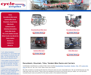 cyclesimplex.com: Bike Racks, Recumbent, Tandem Bicycle Racks for Car, Truck, SUV, Van, Truck
Leading manufacturer of custom recumbent, tandem, Trike and mountain bike roof rack and bicycle carriers for use on your car, truck, SUV, van, motor home or camper.