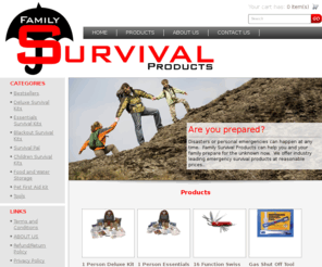 familysurvivalproducts.com: FAMILY SURVIVAL PRODUCTS | emergency kits | 72 hour kits | disaster survival kits 
Emergency survival products for the individual and family - 72 hour disaster kits, Food and Water storage, Guardian survival kits. 