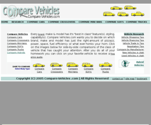 compare-vehicles.com: Compare New Domestic Vehicles | Compare SUVs | Compare Trucks | Compare 
Cars | Compare Mini-Vans
Compare Vehicles.com wants you to decide on which brand, make and model has just the right amount of pizzazz, power, space, fuel efficiency or what ever honks your horn