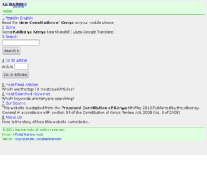 katiba.info: Katiba.Mobi - Home
The New Constitution of Kenya on your mobile phone in English and Kiswahili