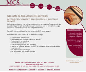 mcsrecords.com: MCS Litigation Support
MCS Litigation Support: Record Procurement, Reprographics, Subpoena Service.
