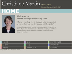 helptoronto.com: Toronto psychotherapist Christiane Martin, MSW, RSW
toronto psychotherapy psychotherapist christiane martin counselling EMDR experience faq approach directions contact email links hotlines