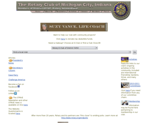 mcrotary.org: Rotary Club of Michigan City, Indiana
Offers visitors a list of club activities, calendar of events, message board, and scholarship information.