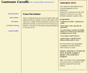 carrozzecavalli.com: Carrozze Cavalli, di Samuele Boaretti. Escursioni, Cerimonie, Rievocazioni
Samuele Boaretti, Conducente professionista veicoli a trazione animale per cerimonie, passeggiate, escursioni in campagna o nei Colli Euganei o dove preferite. - 35048 Stanghella - via Valcanara 2 - sito web: www.carrozzecavalli.com