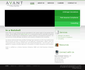 avant-sp.com: Avant
Avant, arbitrage calculations, post-issuance compliance and consulting are the core of Avants business. Value-added client service is the key to our growth and success.  Our professionals have the in-depth knowledge to help state and local governments and companies with private activity bonds benefit from timely and accurate advice and calculations.