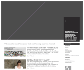 kraenk.de: KRAENK VISUELL KOMMUNIKATIONSDESIGN DARMSTADT - Startseite
	
Willkommen bei Kraenk Visuell, einer Grafikdesign Agentur mit Sitz in der Wackerfabrik bei Darmstadt.