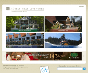 hotelsspasadventures.com: Hotels Spas with health center and adventure packages for vacation or stays in Quebec
For restful vacation or several activities stimulating, make your choice among the Manoir des Erables, Appalaches Lodge Spa, Auberge du Faubourg or Kamoutik Aventure in Quebec Canada