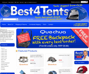 best4tents.com: Best4tents. The best place to buy Quechua pop up tents from.
If you are searching for the highest quality camping tents, camping equipment or camping accessories, you have come to the right site. We have one of the biggest selections of tents in the UK that we can ship all over the world.