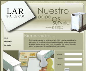 servilletaslarsa.com: Fabricante de servilletas de papel impresas y vasos cónicos
Fabricante de Servilletas impresas de papel, Vasos Cónicos para tomar agua, Manteletas impresas y Toalla en rollo para secar las manos