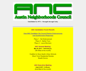 ancweb.org: Austin Neighborhoods Council
The Austin Neighborhoods Council acts as a
coordinating body for the efforts of Austin, Texas area neighborhood advocacy
groups.