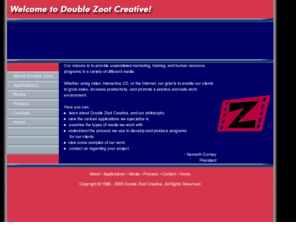 doublezoot.com: Double Zoot Creative - Video & Interactive Media
 At Double Zoot Creative our mission is to provide unparalleled marketing, training, and human resource programs in a variety of different media including: video, interactive CD, and the Internet.