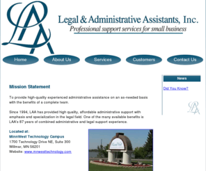 laawillmar.com: Legal & Administrative Assistants, Inc.

Legal & Administrative Assistants, Inc. in Willmar, MN - Central Minnesota.
