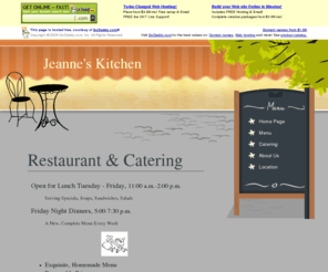 jeanneskitchen.net: Jeanne's Kitchen
Jeanne's Kitchen is a wonderful restraunt in Bluffton Ohio.  It offers lunch through out the week and dinners on Fridays.  Jeanne's Kitchen also offers catering for an special occasion.