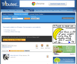 sanantoniobits.com: Obituary Search Engine - Tributes.com
Obituary Search Engine by Tributes.com. Perform Obituary Search by State, and Date Range. Search Obituaries by Location  - Recent and Past, Local and National using Obituary Search Engine.