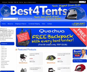 tents4camping.com: Best4tents. The best place to buy Quechua pop up tents from.
If you are searching for the highest quality camping tents, camping equipment or camping accessories, you have come to the right site. We have one of the biggest selections of tents in the UK that we can ship all over the world.