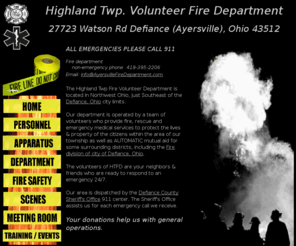 ayersvillefire.com: Highland Twp Fire & Rescue Department Ayersville (Defiance, Ohio) - HOME
HTFD Highland Township Fire Department.