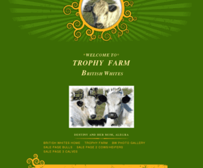 britishwhites.com: Trophy Farm British White Cattle
Carefully Engineered British White Cattle. Trophy Farm provides the industry with quality Texas bred Bulls,cows and calves for discerning Cattlemen/Women.