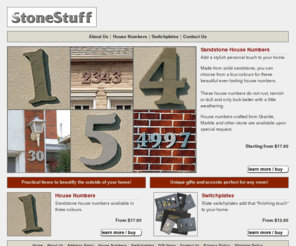 stonestuff.com: StoneStuff - House Numbers, Address Signs, Switchplates and other housewares made from durable ever-lasting stone.
StoneStuff is a premier retailer of high-quality stone housewares including house numbers, address signs, switchplates and gift items. House numbers, address signs and high-end marble, granite and slate flooring medallions are also suitable for commercial installations.  Distributorships welcome.