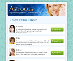 astrocus.com: Kartenlegen | Hellsehen | Pendel | Reiki | Astrologie Online - ExpertCall
ExpertCall, Live Beratung am Telefon, kompetente Hilfe und Beratung zu den Themen Kartenlegen, Hellsehen, Pendel, Reiki, Astrologie Online, ExpertCall