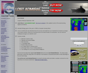 lostadmiral.com: Lost Admiral - Enjoy playing this classic QQP strategy game
Lost Admiral is a turn based strategy game for windows computer games.  Defeat your enemies in battles by outmaneuvering them for control of coastal cities with battleships, submarines, destroyers, and other types of ships.