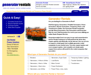 generatorrentals.com: Generator Rentals
Rental Quote Request Service for Rental Services Generator Rentals including generators, portable generators, backup power, gensets, quiet generators, mq power