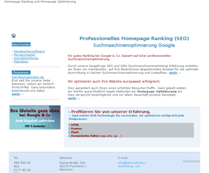 homepage-ranking.info: Homepage Ranking, Homepage Optimierung, Suchmaschinenoptimierung Google
Professionelle Suchmaschinenoptimierung Google und Homepage Optimierung. Homepage Ranking und Website Optimierung Ihrer Unternehmens Website. Homepage Ranking Agentur aus München