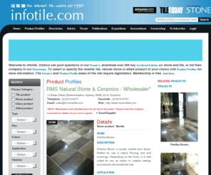 infotile.com: Infotile: Online Directory of Tile Stone Glass Manufactures, Decorators, Fixers, Retailers
Infotile is International online directory of tiles, stone, allied products manufactures, decorators, fixers, retailers. Get information on tile and stone resources, selection, installation and maintenance at Infotile.