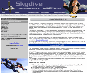 learntoskydivect.com: Come Make Your First Skydive in CT, RI, MA. Connecticut Parachutists Inc, Skydiving in Connecticut, Tandem, Accelerated Freefall,
Experience the Thrill Skydiving at Connecticut's only full service Drop zone,Connecticut Parachutists, Inc. We offer First time Tandem Skydiving, and Accelerated Freefall. 860-871-0021