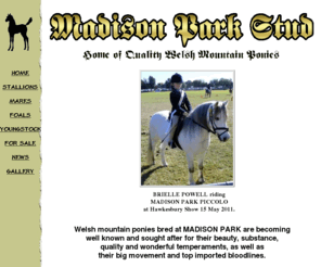 madisonparkstud.com: Welsh Mountain Ponies. Madison Park Stud.welsh mountain ponies
Top quality welsh mountain ponies, coed coch norman (imp) bloodlines, show quality childrens ponies, ponies for sale, welsh mountain ponies with coed coch breeding, welsh mountain ponies for sale,