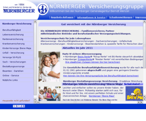 nuernberger-berlin.de: NÜRNBERGER VERSICHERUNG »Versicherungen - mit Online-Anfragen«
NÜRNBERGER Versicherung - Informationen und Online Angebots-Anfragen der Nürnberger Versicherung Angebote zur Nürnberger Berufsunfähigkeit-Versicherung - Nürnberger Renten-Versicherung - Nürnberger Kranken-Versicherung und Nürnberger Sach - Versicherung - Nürnberger Beamtendarlehen