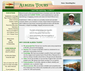 africaalbizia.co.za: Albizia Tours - Homepage
Wildlife & cultural tours throughout South Africa. Privately owned tour operator offering customised Intineries & transfers from Durban, KwaZulu-Natal. A very personal service for small groups.