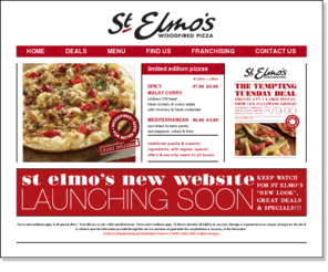 stelmos.co.za: St Elmos
Pizza franchise chain serves woodfired pizzas with wonderful toppings in Cape Town, South Africa and Africa and the subs and pastas are delivered free.