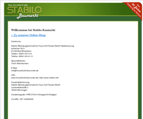 stabilo-baumarkt.de: Offizielle Webseite der Stabilo GmbH
Informieren, einkaufen und Filialen suchen bei Stabilo-Baumarkt.de: Günstige Preise bei Werkzeugen und Maschinen, Werkstatt, KFZ, Forstseilwinden, Plattenheber