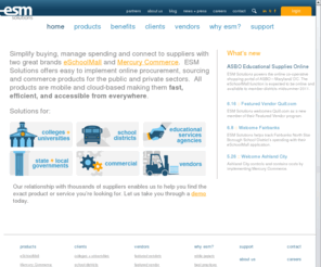 mercurycommerce.com: esm solutions
Easily implemented online and mobile sourcing, procurement and commerce products for bid and quote management, tracking spend, managing costs and connecting buyers to suppliers seamlessly.