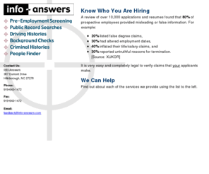 info-answers.com: Info-Answers : Home
Info-Answers specializes in Pre-Employment Screening, Public Record Searches, and Background Checks.