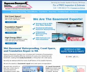 seattlebasementsystems.com: Wet Basement Waterproofing, Crawl Space Repair, and Foundation Repair in Washington: Seattle, Tacoma Areas
Aqueous Basement Systems is a basement waterproofing contractor, crawl space repair contractor, and foundation repair contractor in Seattle Washington