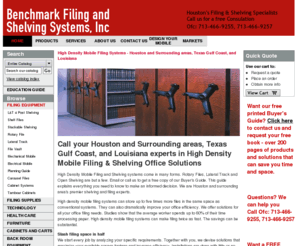 benchmarkshelving.com: High Density Mobile Filing Systems - Houston and Surrounding areas, Texas Gulf Coast, and Louisiana
High density mobile filing systems can store up to five times more files in the same space as conventional systems. Contact us for high density mobile filing equipment and services that can cut your filing time in half or better. We are the filing systems experts., 5210 Indian Shores Lane, Houston, TX, 77041, Ofc: 713-466-9255, 713-466-9257