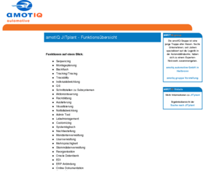 jitplant.org: jitplant.org: amotIQ JITplant - Funktionsübersicht
Liefern Sie Just-in-Time oder 
        Just-in-Sequence für die Automobilindustrie? Dann optimieren Sie 
        Ihre Montage und Kommissionierung. Mit dem amotIQ JITplant JIT-IQ- dem 
        System zur sequentiellen Montage und Kommissionierung für Automobil-Hersteller 
        und -Zulieferer.