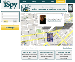 real-life-gaming.com: iSpy | A fun new way to explore your city
Download iSpy for your iPhone, then go out and have some Real World Fun! Become the Top Spy in your city by creating and playing eachother's iSpy games.