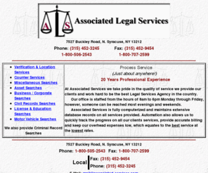 associated-services.com: Associated Legal Services, process server syracuse, process server new york
Associated Legal Services, process server syracuse, 
new york, usa, united states, process serving, service of process new york, 
subpoenas service, motor vehicle searching, skip tracing, location services, 
social security searches, legal services, legal courrier syracuse, civil record searches