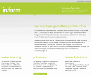 inform-concepts.net: in.form.home
'in.form kommunikative office konzepte' bietet Corporate-Design-gerechte Lösungen für Microsoft® Office Anwendungen an.