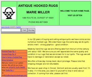 antiquehookedrugs.com: MARIE MILLER ANTIQUE HOOKED RUGS. A collection of Hooked Rugs, including
Grenfell, in excellent condition. We accept Visa, Mastercard, and Discovers.
Our site changes frequently.
Marie Miller Collection of Antique Hooked Rugs Including Grenfell Rugs